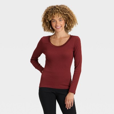 Women's Long Sleeve Lace Trim Scoop Neck Top - A New Day™