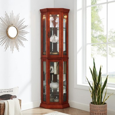 Okak Corner Curio Cabinet with Glass Doors and Adjustable Tempered Glass Shelves, Display Cabinet for Living Room, Kitchen