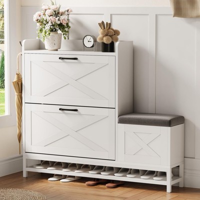 Shoe Cabinet with 2 Flip-Drawers & Storage Bench, Farmhouse Wood Freestanding Shoe Rack with 2 Hooks & Bottom Shelf