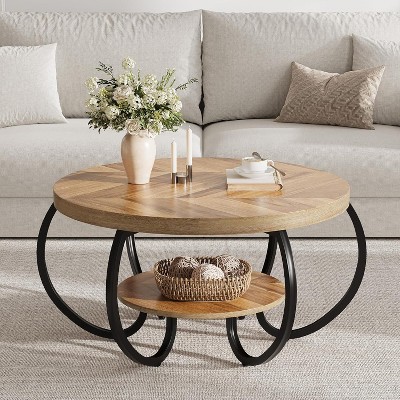 Round Coffee Table 30" Center Table, 2-Tier Coffee Table with Adjustable Feet, Living Room Tables with Storage Shelf and Designed Wood Grain