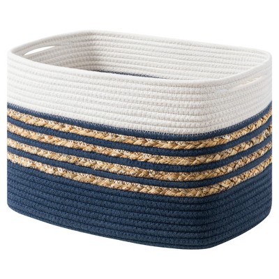 Aoibox Woven Cotton Rope Storage Basket Rectangle with Handles Navy Blue 14x8x9 Inch for Toys Towels Organizing