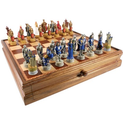 WorldWise Imports Chess Set - King Arthur Painted Resin on 15" Walnut/Maple Chest