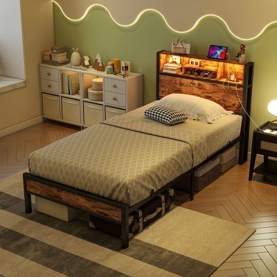 Sapphtopaz Bed Frame with Storage Headboard Metal Platform Bed with Bookcase Storage and USB Bed Frames for Apartment, Bedroom