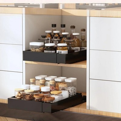Pull Out Cabinet Organizer, Expandable Slide Out Drawers with Adhesive Fixed Cabinet Shelves, Heavy Duty Sliding Shelf Storage for Kitchen