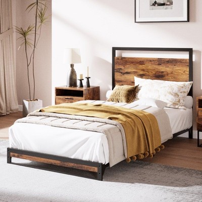Bed Frame with Wood Headboard and Footboard, with Under Bed Storage, 6 Inch High