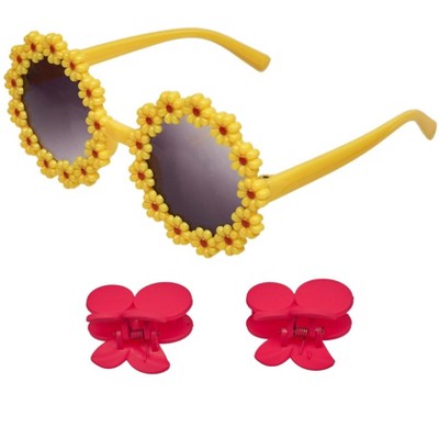 Willow & Ruby Kid's Fun Sunglasses with Hair Clip Set for Girls - Sunnies & Claws in Yellow Sunflower and Cherry Claws