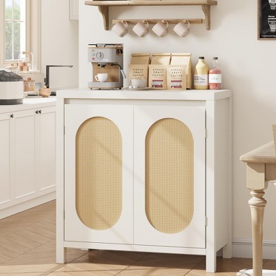 Buffet Kitchen with Storage Rattan Cabinet, Wood Coffee Bar Cupboard Console Table with Doors and Shelves for Hallway, Entry, Living Room