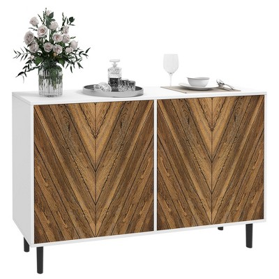 HOMCOM Modern Kitchen Sideboard Buffet Cabinet with Adjustable Shelves, 48" Coffee Bar Cabinet with Chevron Doors and Pine Wood Legs, Brown