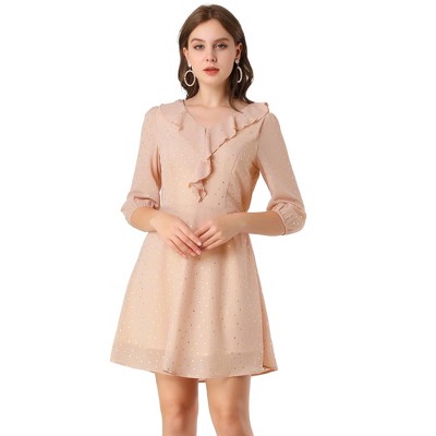 Allegra K Women's 3/4 Sleeve Elastic Waist A-line Ruffle V Neck Shiny Heart Print Dress