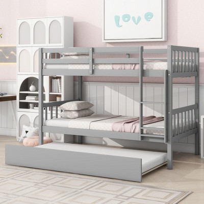 NicBex Twin over Twin Bunk Bed Convertible Triple Wooden Bed Frame with Trundle, Ladder and Full Length Guardrail, No Box Spring Required