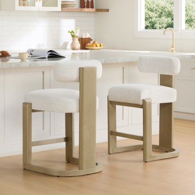 Spruce&Spring Upholstered Boucle Counter Stool with Solid Wood Frame, Set of 2, Pearl, Yellowish Grey Wood