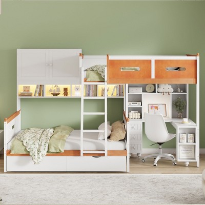 Twin Over Full Wooden Bunk Bed with Desk, Drawers and Shelves
