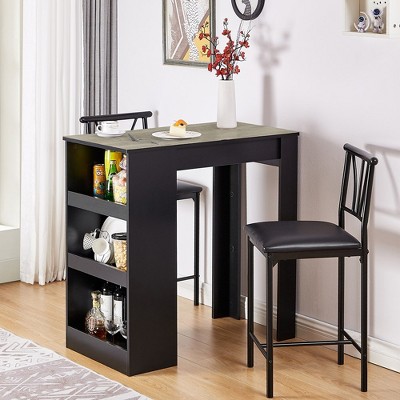VECELO Retro Dining Table Set Tall Storage Shelves with Wooden Bar Table & Metal Stools Set of 2, Space-Saving