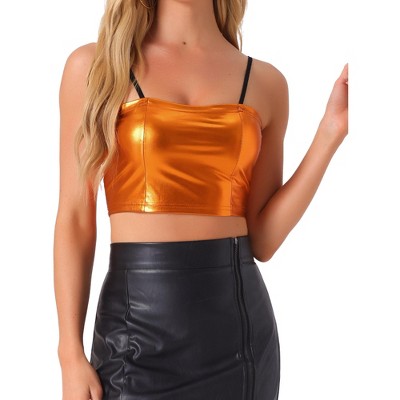 Allegra K Women's Spaghetti Strap Sleeveless Festival Party Clubwear Sparkly Shiny Metallic Crop Cami Top