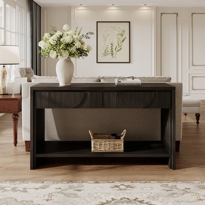 Farmhouse Style Distressed Wood Console Table with 2 Storage Drawers and Open Shelf, Long Rectangular Sofa Table