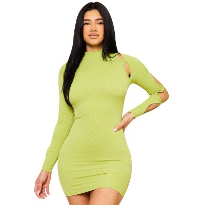 Slickblue Women's Cutout Shoulder Mini Dress, Ribbed Long Sleeve Bodycon Style, Red/Avocado/Aqua Blue, Size S-L