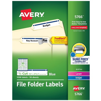 Avery Permanent File Folder Labels TrueBlock Inkjet/Laser Blue 1500/Box 5766