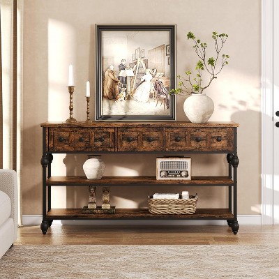 3 Tier Console Table, 52" Entryway Table with 3 Storage Drawers, Industrial Metal Sofa Table, Behind Couch Table, Hallway Table