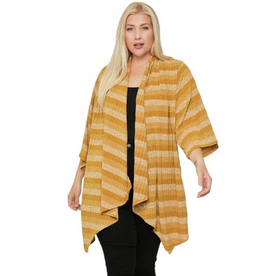 Slickblue Patterned Duster Sleeve Cardigan, Plus Size, Soft Knit Layer, Asymmetrical Hem, Mustard/Navy, 1XL-3XL