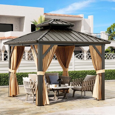 10 x 10 FT Hardtop Double Roof Canopy with Netting and Curtains,Outdoor Gazebo Aluminum Frame for Patio