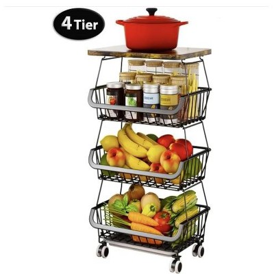 Wikineon 4 Tier Fruit Storage Basket, Fruit Vegetable Cart with Solid Wood, Kitchen Storage Rack with Rollers for Pantry