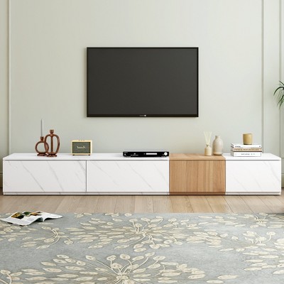 Whisen 88" TV Stand with Faux Marble and Walnut Wood Grain Finish, Modern Entertainment Center with 4 Storage Drawers