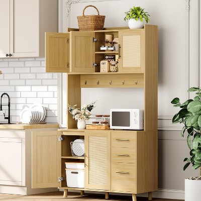 71in Tall Kitchen Pantry Cabinet, Rattan Boho Kitchen Hutch Cupboard Freestanding Storage Cabinet with Microwave Shelf 3 Drawers 6 Hooks