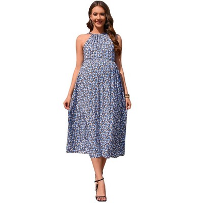 Women's Maternity Halter Neck Casual Summer Boho Dress Sleeveless Ruched Back Strap Flowy Midi Dress for Photoshoot Baby Shower