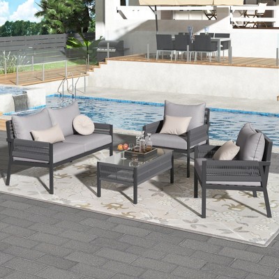 FIONECA 4-Piece Rope Patio Furniture Set with Tempered Glass Table, Outdoor Conversation Set with Thick Cushions, Grey