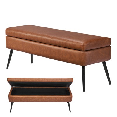 VEVOR Leather Storage Ottoman Bench, PU Leather Bench with Storage and Metal Legs, Upholstered End of Bed Benches, Brown