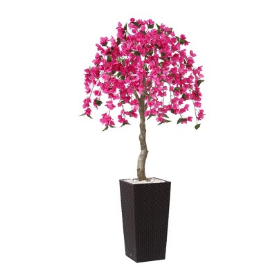 DR.Planzen UV Resistant 6-7FT Pre Potted Artificial Bougainvillea Red Flowers Tree with White Tall Planter for Indoor Outdoor Home Decor