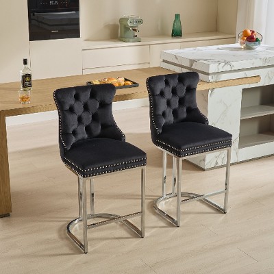 Lyngins Modern Velvet Counter Height Bar Stools Set of 2, Counter Stools with Button Back & Chrome Metal Base, Upholstered Kitchen Island Chair