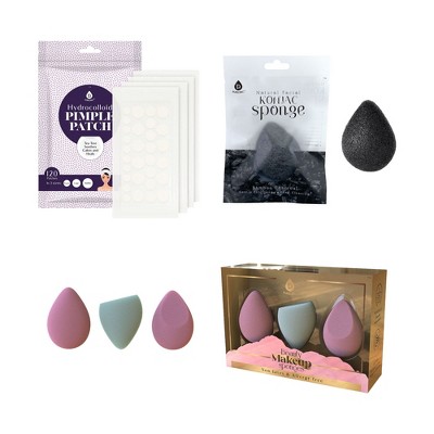 Pursonic Beauty Essentials Bundle – 3-Pack Multi-Shape Makeup Sponges + Charcoal Konjac Sponge + 120-Count Hydrocolloid Pimple Patch Set