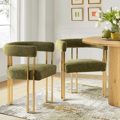Upholstered Dining Chair Set Of 2 Chenille Dining Chair With Curved Arm & Gold Metal Leg For Kitchen,Dining Room,Living Room- Tanpinhause