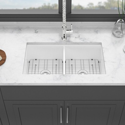 Gulches 32" Undermount/Dual Mount White Ceramic Double Bowl Kitchen Sink, Rectangular Deep Basin, 32x19x10"