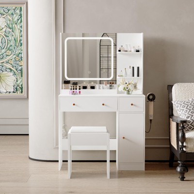 LED Vanity Desk with Mirror, Storage & Chair - 3 Lighting Modes, Adjustable Brightness - Makeup Dressing Table for Women Girls