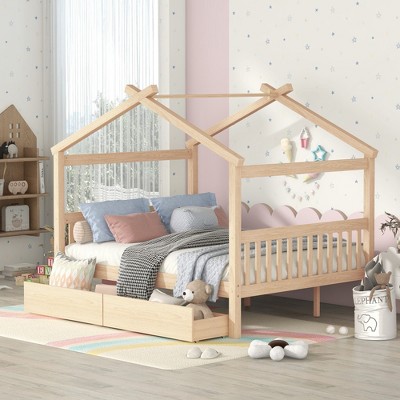 Full Size Wooden House Bed with Drawers