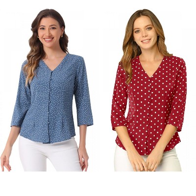 INSPIRE CHIC Women's Polka Dots 3/4 Sleeve Casual Button Front Shirt 2 Pieces