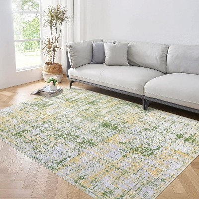 4'x6' Modern Abstract Area Rug, Machine Washable, Non-Slip, Low Pile, Foldable Distressed Rug for Living Room, Bedroom, Kitchen, Yellow
