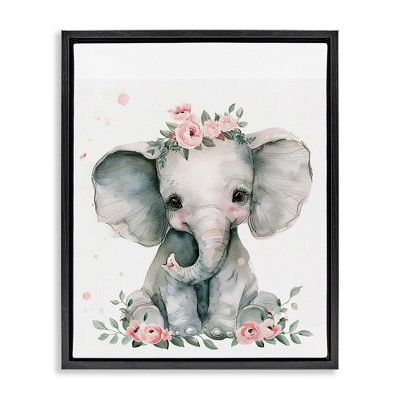 Stupell Industries Nursery Floral Elephant Floating Frame Canvas Art