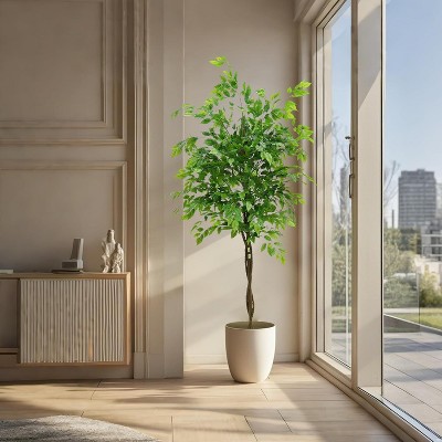 5FT Artificial Ficus Tree, Fake Ficus Tree with Lifelike Trunk and Silky Green Leaves with Vines, for Home Bedroom Balcony Office Decor
