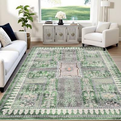 10x13 Large Vintage Rug – Low-Pile Distressed Floral, Non-Slip, No-Shedding, Machine Washable Foldable Floor Cover for Playroom or Bedroom, Green