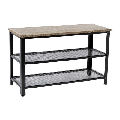 Flash Furniture Easton 3-Tier Wooden Entryway Bench with Metal Mesh Shoe Storage Shelves for Entryway, Mudroom, or Bedroom