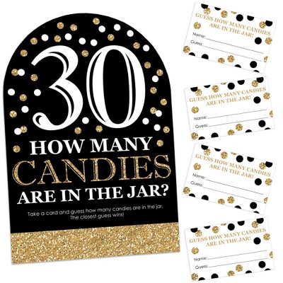 Big Dot of Happiness Adult 30th Birthday - Gold - How Many Candies Birthday Party Game - 1 Stand and 40 Cards - Candy Guessing Game