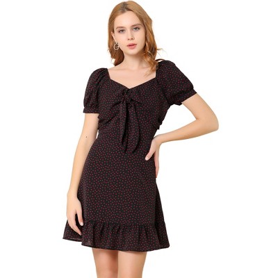 Allegra K Women's Vintage Tie Knot Sweetheart Neck Heart Print A-Line Ruffle Mini Dress