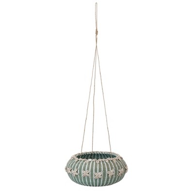 Storied Home Hanging Handwoven Rattan Planter with Shells and Jute Hanger, Aqua