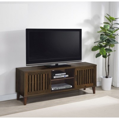 60" Melamine Engineered Wood TV Stand with 2 Slatted Doors, Rustic Charm and Additional Shelving for Living Room