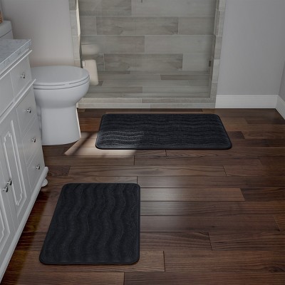 Hastings Home Memory Foam Bathroom Rug With Wavy Microfiber Top - Black, Set of 2