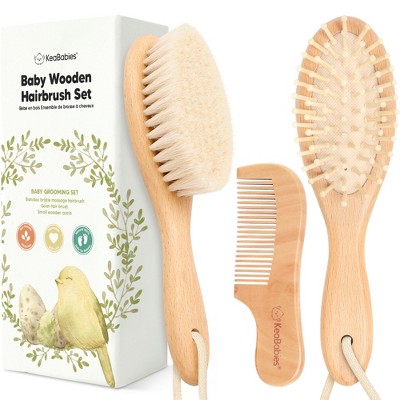 Baby Hair Brush and Comb Set, Oval Wooden Baby Brush Set for Newborns, Infant, Toddler Grooming Kit