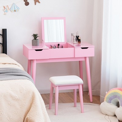 Costway Vanity Table Set w/ Flip Top Mirror Drawers 9 Dividers Makeup Writing Desk